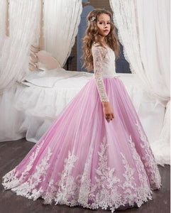 Elegant Lace Long Sleeves Flower Girl Dress With Court Train - A Thrifty Bride Shop