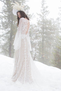 Lace Boho Wedding Dress Long Sleeves Floor Length And Backless Free Shipping - A Thrifty Bride Shop