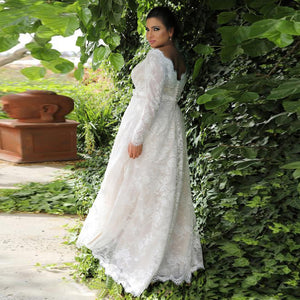 Plus size Lace Wed Dress Long-sleeves  A-line Elegant belt with flowers - A Thrifty Bride Shop