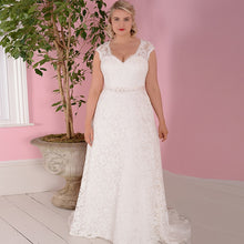 Load image into Gallery viewer, Beautiful  Bridal Dress Plus Size with Cap Sleeves and Beaded Sash Free Shipping - A Thrifty Bride Shop