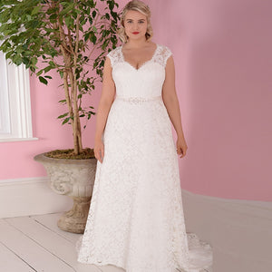 Beautiful  Bridal Dress Plus Size with Cap Sleeves and Beaded Sash Free Shipping - A Thrifty Bride Shop