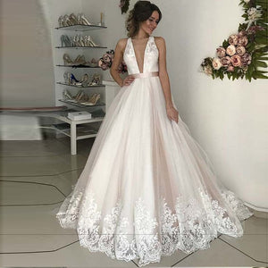 V-Neck Tulle with Appliques A Line Boho Bride/Wedding Dress Vestido De Novia Free Shipping - A Thrifty Bride Shop