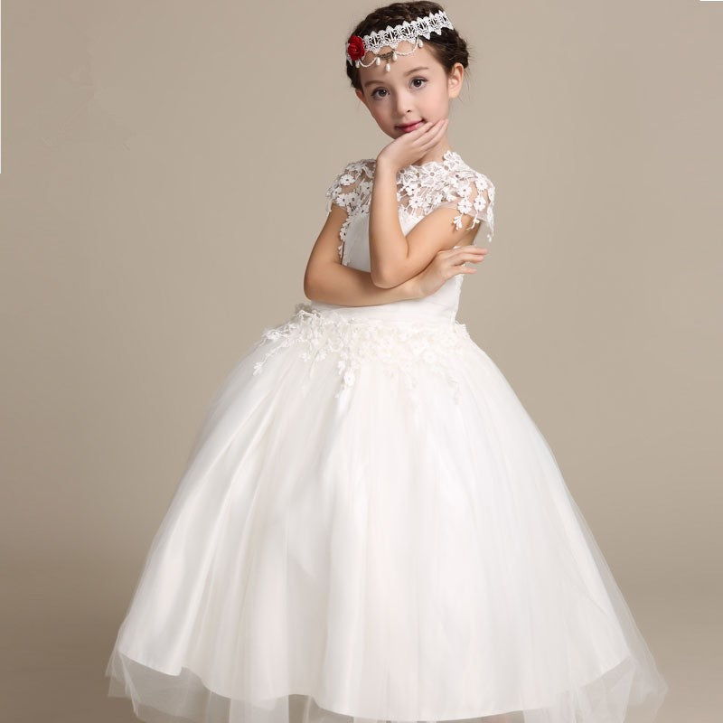 Elegant Flower Girl Dress Long Lace Princess Style - A Thrifty Bride Shop