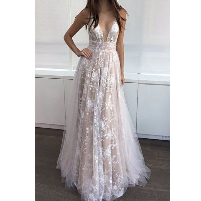 Women Vestido Beach  Perspective Lace Deep V-neck Sequin Floor-Length Maxi Dress Open Back Long Dress Women Party Dress 2018 - A Thrifty Bride Shop