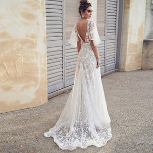 The Sales Rack-Beach Bride Chiffon V Neck Short Sleeve Lace Bridal Dress Free Shipping - A Thrifty Bride Shop