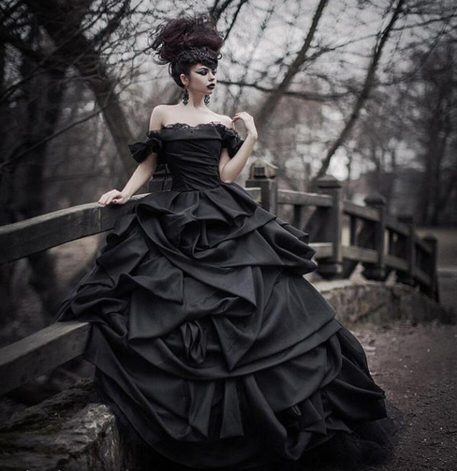 Gothic Vintage Satin Bridal Dress Off The Shoulder Black Ruched Ball Gown Free Shipping - A Thrifty Bride Shop