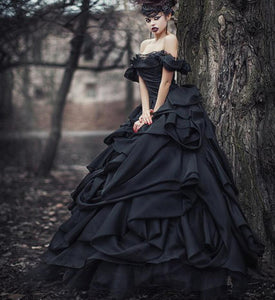 Gothic Vintage Satin Bridal Dress Off The Shoulder Black Ruched Ball Gown Free Shipping - A Thrifty Bride Shop