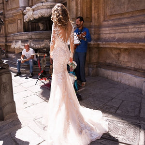 Sexy Lace Mermaid Wedding Dress Long Sleeve Applique Custom Design - A Thrifty Bride Shop