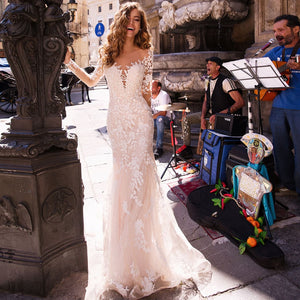 Sexy Lace Mermaid Wedding Dress Long Sleeve Applique Custom Design - A Thrifty Bride Shop