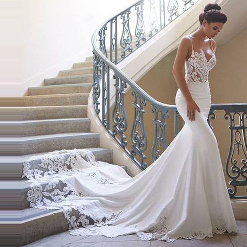 Romantic Mermaid Wedding Dresses Spaghetti Straps See Through Robe de Mariage White/Ivory Lace Bridal Gown Customized 2019 - A Thrifty Bride Shop