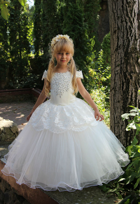 New Ball Gown Cap-sleeve Boat neckline First Communion  Lace Beads Flower Girl Dress - A Thrifty Bride Shop