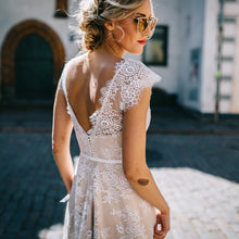 Load image into Gallery viewer, The Sales Rack-Vintage Champagne Lace Bohemian Bride Dress A Line Cap Sleeve With Sexy Back - A Thrifty Bride Shop