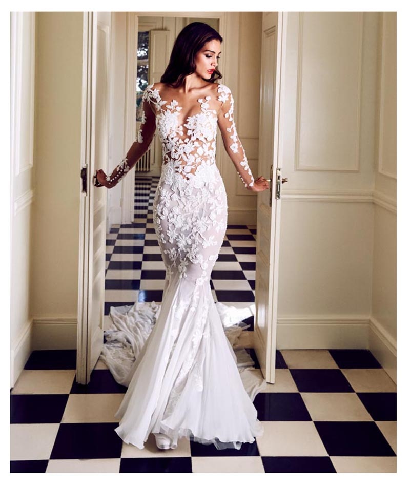 Stunning Mermaid Wedding Dress with Long Sleeves Appliques See Through White Ivory Very Sexy Also Features Sweep Train