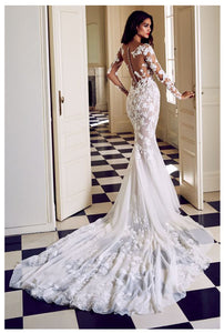 Stunning Mermaid Wedding Dress with Long Sleeves Appliques See Through White Ivory Very Sexy Also Features Sweep Train