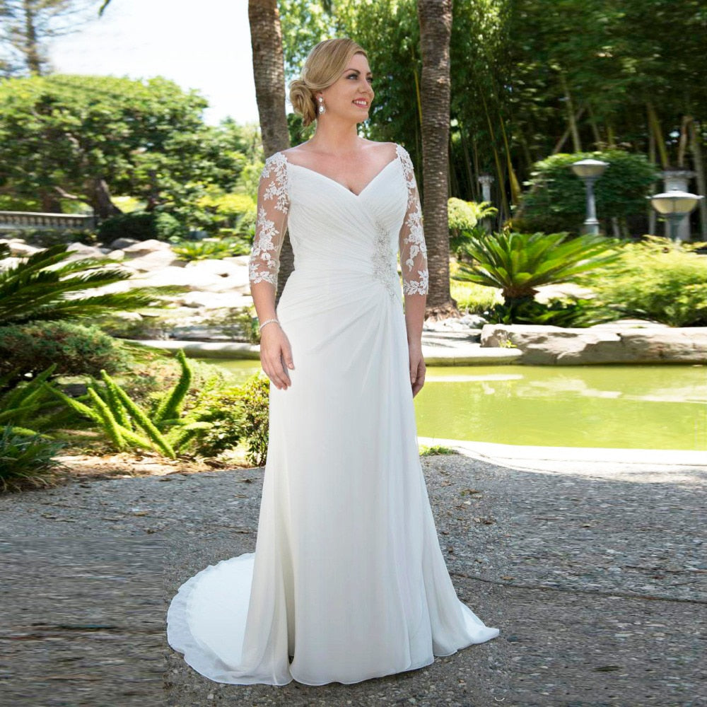 Modest Plus Size Wed Bridal  Custom Made Beaded V-neck Chiffon Gown with 3/4 Sleeves Robe de Mariee - A Thrifty Bride Shop