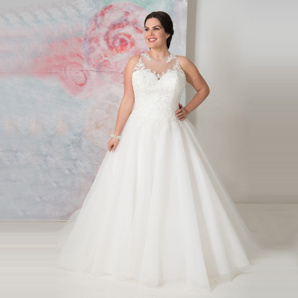 Elegant O-neck Plus Size Bridal Dress Custom Made See Through Organza Appliqued A-line - A Thrifty Bride Shop