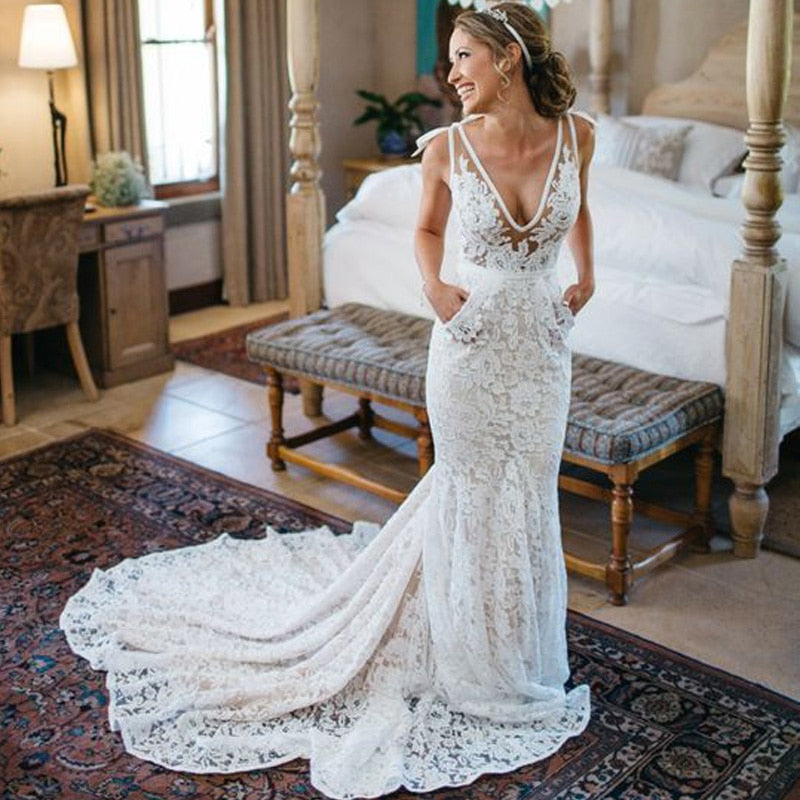 Gorgeous Deep V-neck Lace Mermaid Bridal Dress Custom Made Robe de Mariee Backless Long Train - A Thrifty Bride Shop