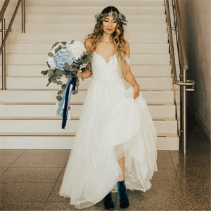 Lace Tulle Country Bridal Dress Back Lace Up Vestido de Noiva Off The Shoulder Gown Floor Length Robe De Mariee - A Thrifty Bride Shop