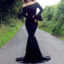 Load image into Gallery viewer, Sexy Black Gothic Inspired Long Sleeve Off Shoulder Mermaid Bridal Evening Dress With Boat Neck And Sweep Train Free Shipping - A Thrifty Bride Shop