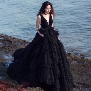 Stunning Gothic Backless Bridal  Dress With Tulle Tiered  Ball Gown Skirt And Deep V-neck - A Thrifty Bride Shop