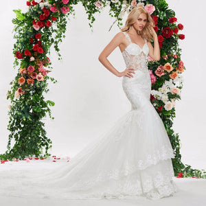 Elegant Mermaid Wedding Dress Floor Length With Ruffled Lace Train Free Shipping - A Thrifty Bride Shop