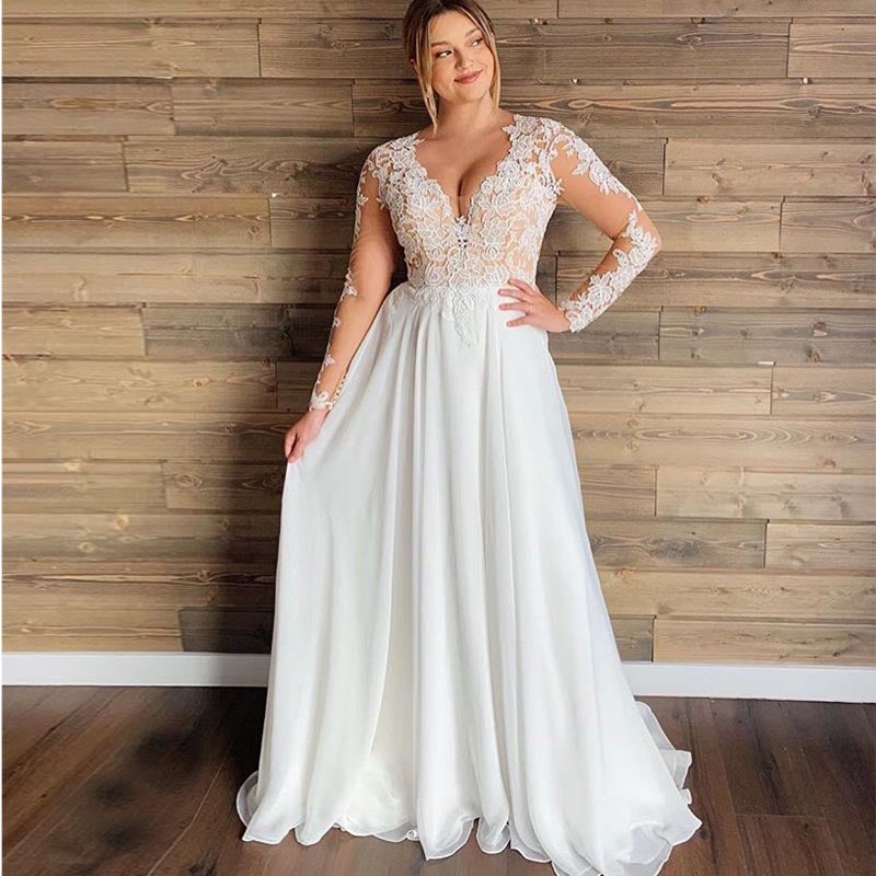 Plus Size Bridal Dress V Neck Lace Appliques Long Sleeve Illusion Sexy Back - A Thrifty Bride Shop