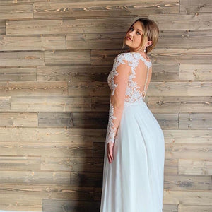 Plus Size Bridal Dress V Neck Lace Appliques Long Sleeve Illusion Sexy Back - A Thrifty Bride Shop