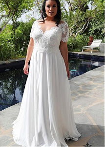 Brilliant Tulle & Chiffon V-Neck A-line Plus Size Bridal Dress With Beaded Lace Appliques Floor Length - A Thrifty Bride Shop