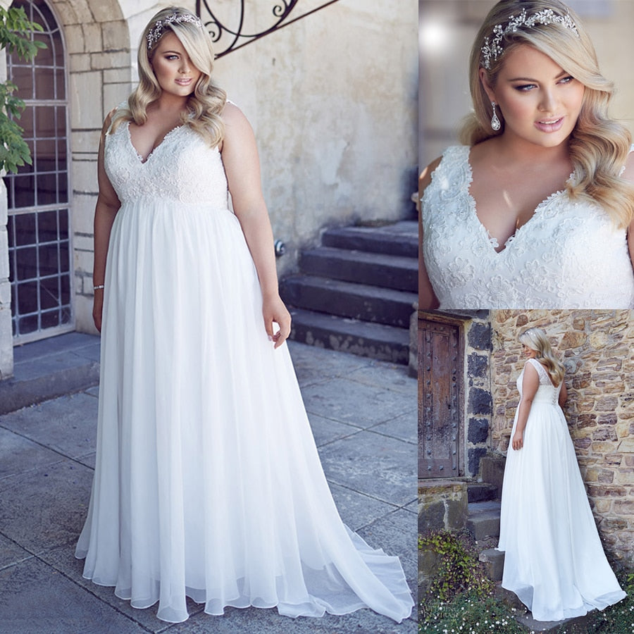 Chiffon Applique Lace Plus Size Beach Bridal Dress Corset Back Gown With Court Train - A Thrifty Bride Shop