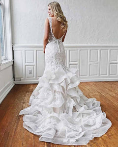 Sexy Mermaid Lace Backless Wedding Dress Deep V Neck & Ruffled Skirt - A Thrifty Bride Shop