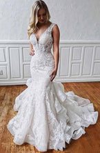 Load image into Gallery viewer, Sexy Mermaid Lace Backless Wedding Dress Deep V Neck &amp; Ruffled Skirt - A Thrifty Bride Shop
