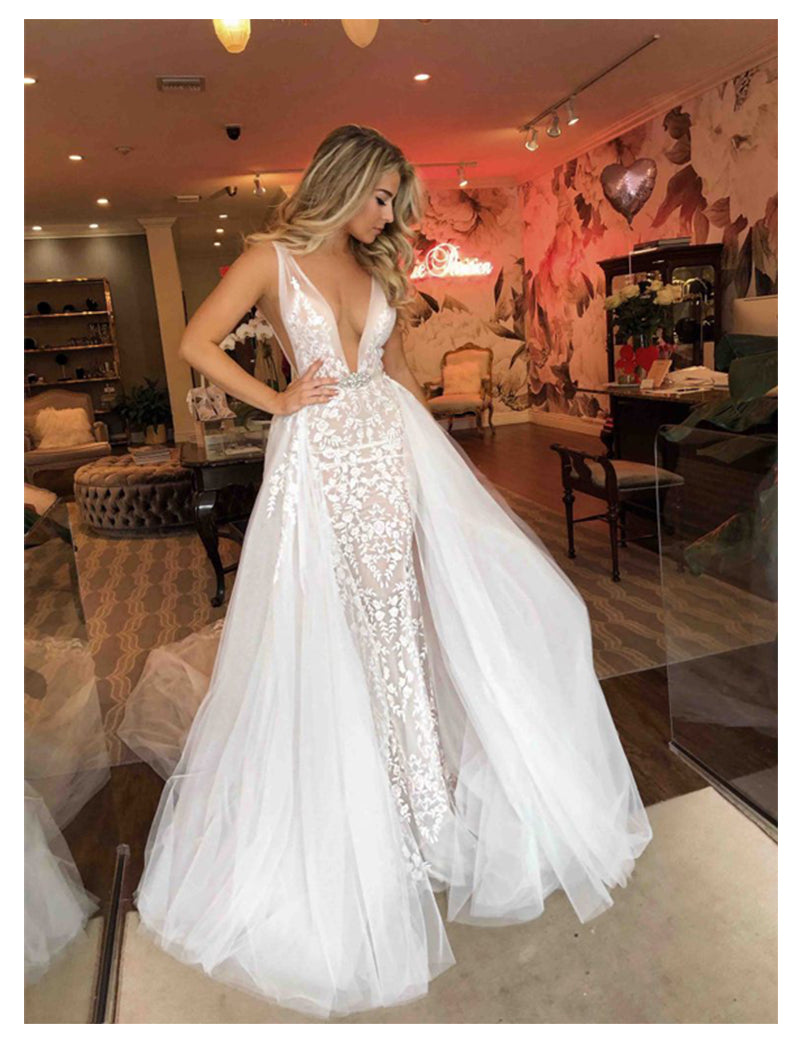 Sexy Illusion  Wedding Dress With  Long Train Deep V Neck And Low Back Lots Of Appliques