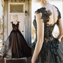 Load image into Gallery viewer, Vintage Inspired Black Bridal  Dress Features Tulle Lace Applique Sweetheart Neckline Beaded And Backless