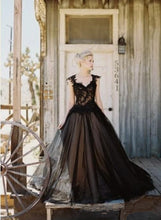 Load image into Gallery viewer, Vintage Inspired Black Bridal  Dress Features Tulle Lace Applique Sweetheart Neckline Beaded And Backless