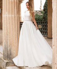 Load image into Gallery viewer, Lovely Satin Wedding Dress With Cap Sleeves And Lace Appliques - A Thrifty Bride Shop
